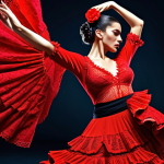 **Image Prompt:** A modern flamenco dancer character design. Vibrant colors, intricate costume details (lace, ruffles), expressive pose capturing movement and passion. Include a stylized background evoking the atmosphere of a Spanish tablao.