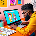 ** "Freelance character designer working at a colorful desk with a laptop, surrounded by character sketches. Upbeat, positive vibe. Style: vibrant, digital illustration."

**
