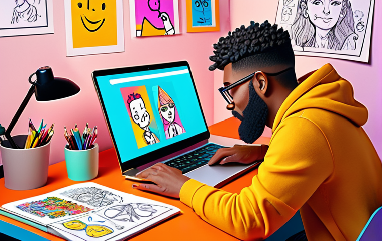 ** "Freelance character designer working at a colorful desk with a laptop, surrounded by character sketches. Upbeat, positive vibe. Style: vibrant, digital illustration."
**
