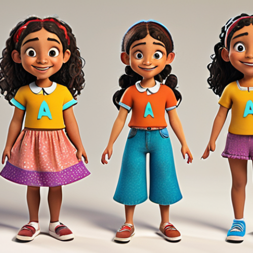 Home 9 **
A whimsical character design of a friendly young girl for a children's animated series. She has unconventional features, promotes diversity, and wears colorful, upcycled clothing.
**