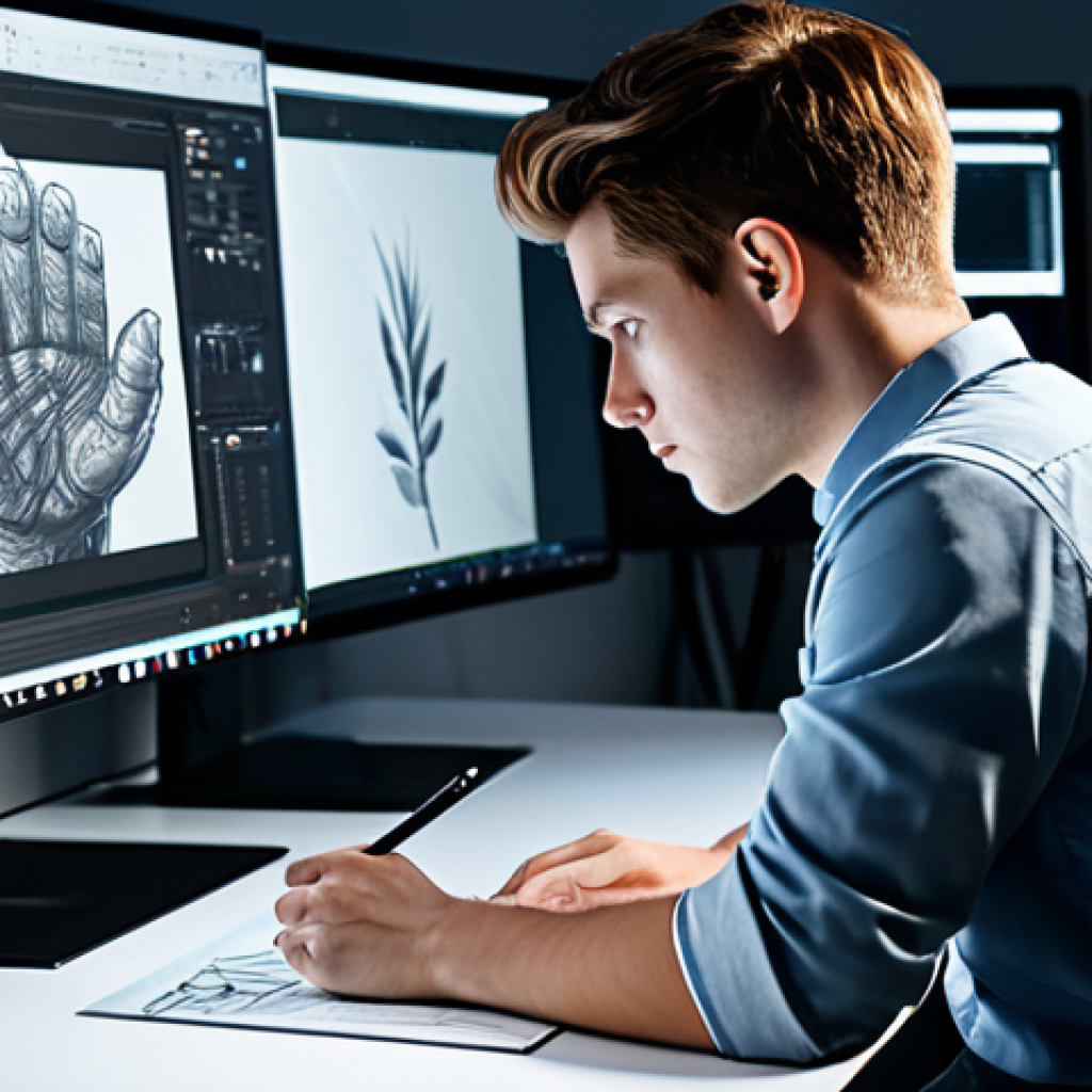 A professional young adult character designer, fully clothed in a practical, modest, modern shirt and trousers, intensely focused on a large digital tablet, sketching a detailed 3D character model. The background is a sleek, contemporary design studio with multiple monitors displaying professional software interfaces like ZBrush and Blender, highlighting efficiency and technical proficiency. The lighting is bright and even, casting subtle reflections on the screen. The pose is natural and engaged. Perfect anatomy, correct proportions, well-formed hands, proper finger count, natural body proportions. Safe for work, appropriate content, fully clothed, professional dress.