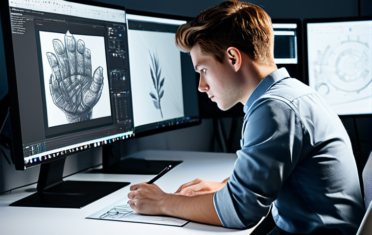 A professional young adult character designer, fully clothed in a practical, modest, modern shirt and trousers, intensely focused on a large digital tablet, sketching a detailed 3D character model. The background is a sleek, contemporary design studio with multiple monitors displaying professional software interfaces like ZBrush and Blender, highlighting efficiency and technical proficiency. The lighting is bright and even, casting subtle reflections on the screen. The pose is natural and engaged. Perfect anatomy, correct proportions, well-formed hands, proper finger count, natural body proportions. Safe for work, appropriate content, fully clothed, professional dress.