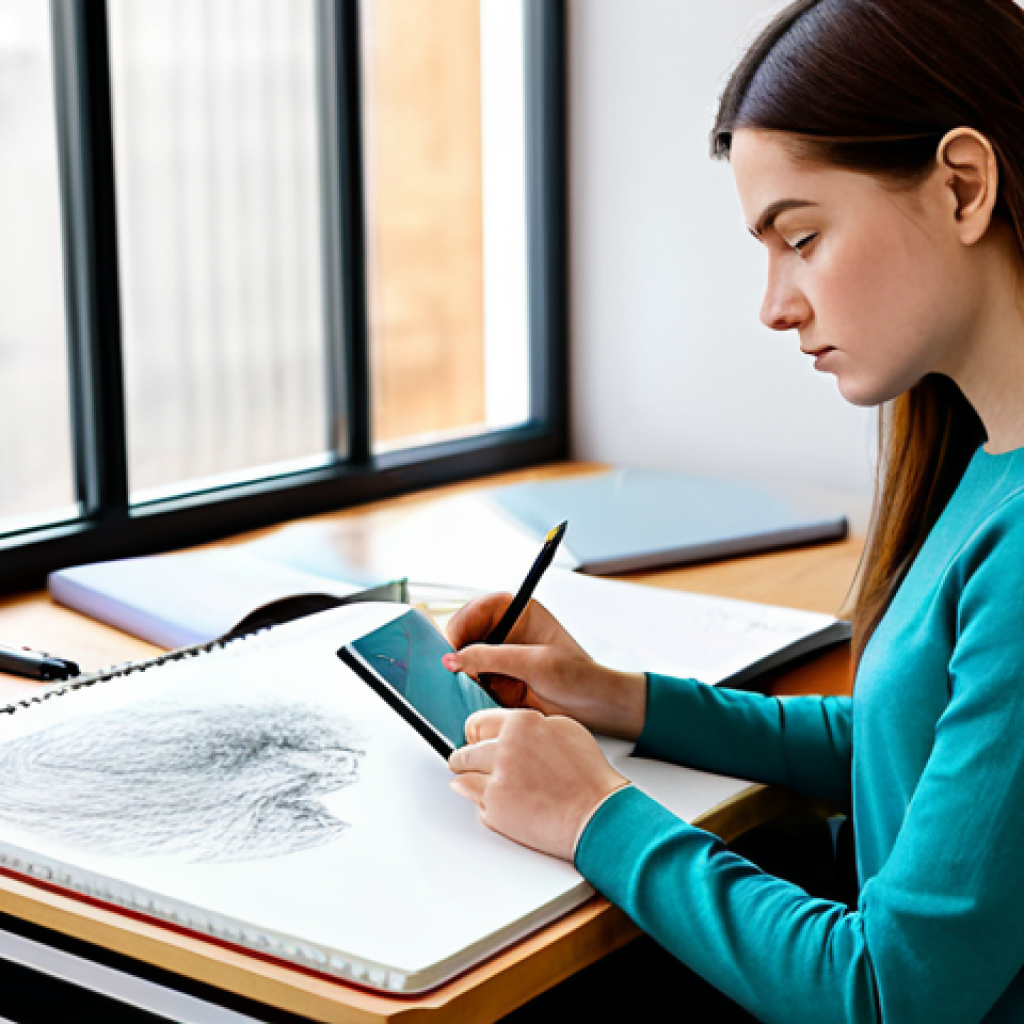 A focused professional character designer, female, early 30s, wearing a modest, practical yet stylish long-sleeved top and comfortable, professional trousers. She is seated at a clean wooden desk in a bright, uncluttered art studio, intently sketching in a traditional hardcover sketchbook with a pencil. Her gaze occasionally lifts, observing an unseen inspiration, conveying deep concentration. Soft natural light streams from a large window in the background, subtly illuminating the scene. A digital drawing tablet rests nearby on the desk. High detail, sharp focus, professional photography, vibrant colors. fully clothed, appropriate attire, modest clothing, safe for work, appropriate content, perfect anatomy, correct proportions, natural pose, well-formed hands, proper finger count, natural body proportions.
