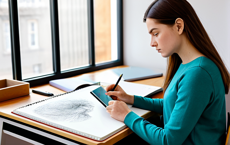 A focused professional character designer, female, early 30s, wearing a modest, practical yet stylish long-sleeved top and comfortable, professional trousers. She is seated at a clean wooden desk in a bright, uncluttered art studio, intently sketching in a traditional hardcover sketchbook with a pencil. Her gaze occasionally lifts, observing an unseen inspiration, conveying deep concentration. Soft natural light streams from a large window in the background, subtly illuminating the scene. A digital drawing tablet rests nearby on the desk. High detail, sharp focus, professional photography, vibrant colors. fully clothed, appropriate attire, modest clothing, safe for work, appropriate content, perfect anatomy, correct proportions, natural pose, well-formed hands, proper finger count, natural body proportions.