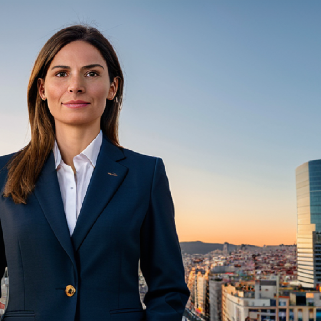 **
A professional businesswoman in a sharp, modern business suit, standing confidently in front of the Madrid skyline at sunset, fully clothed, appropriate attire, safe for work, perfect anatomy, natural proportions, professional photography, high quality.
**