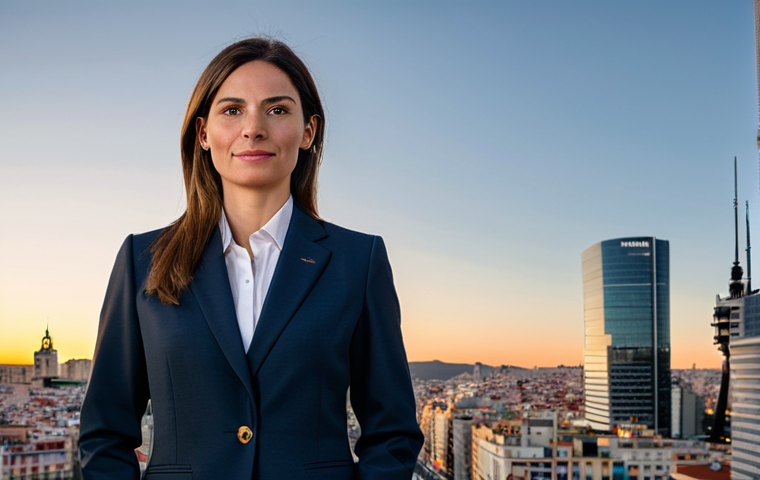 **
A professional businesswoman in a sharp, modern business suit, standing confidently in front of the Madrid skyline at sunset, fully clothed, appropriate attire, safe for work, perfect anatomy, natural proportions, professional photography, high quality.
**