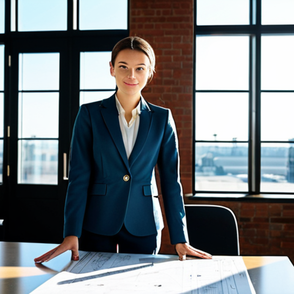The Architect**
"A young female architect, fully clothed in a stylish yet modest business casual outfit (dress pants, blouse, blazer), standing in a bright, modern architectural office with blueprints spread across a large table, sunlight streaming through the windows, perfect anatomy, correct proportions, well-formed hands, proper finger count, natural body proportions, professional attire, safe for work, appropriate content, family-friendly, high quality, professional photography."
**