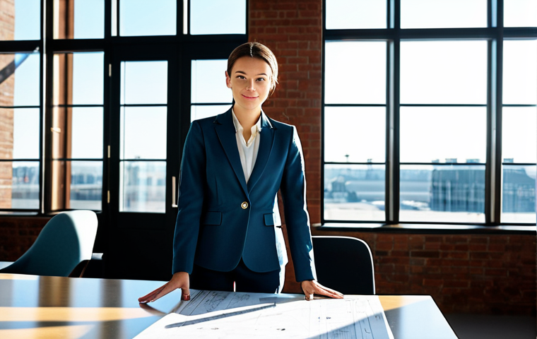 The Architect**

"A young female architect, fully clothed in a stylish yet modest business casual outfit (dress pants, blouse, blazer), standing in a bright, modern architectural office with blueprints spread across a large table, sunlight streaming through the windows, perfect anatomy, correct proportions, well-formed hands, proper finger count, natural body proportions, professional attire, safe for work, appropriate content, family-friendly, high quality, professional photography."

**