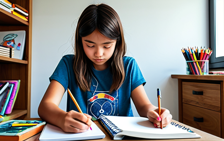 The Aspiring Artist**
"A young, fully clothed artist, perhaps around 18-22 years old, sketching intensely in a notebook filled with character designs. They are sitting at a desk in a brightly lit, slightly messy room. The desk is covered in art supplies: pencils, erasers, sketchbooks. Modest clothing, like jeans and a t-shirt. Background should hint at a passion for cartoons and anime. Perfect anatomy, correct proportions, well-formed hands. Safe for work, appropriate content, family-friendly, professional illustration quality."
**