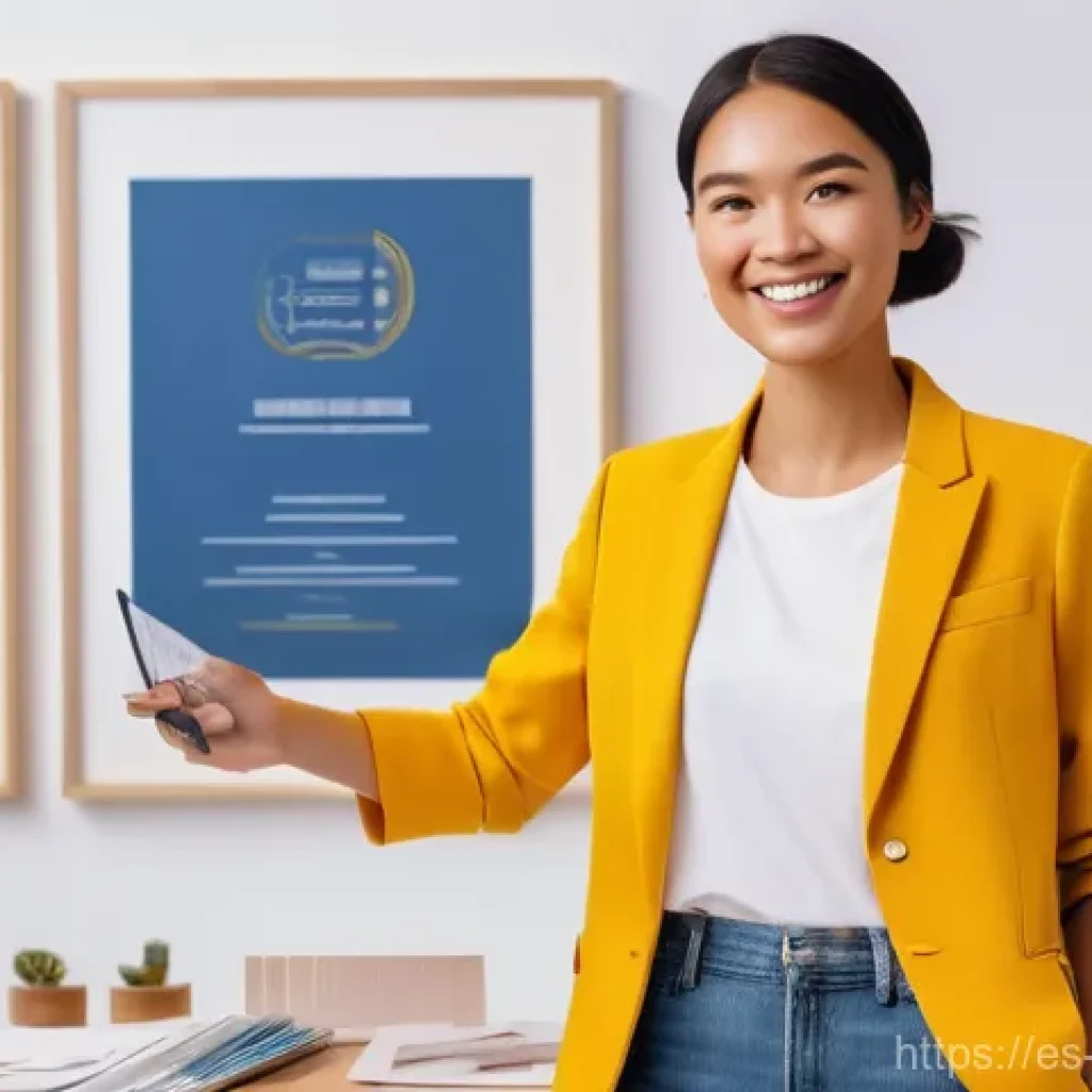 캐릭터디자인 자격증 학습 계획 작성법 - **Certification Celebration:** A female character designer, in her late 20s or early 30s, stands con...