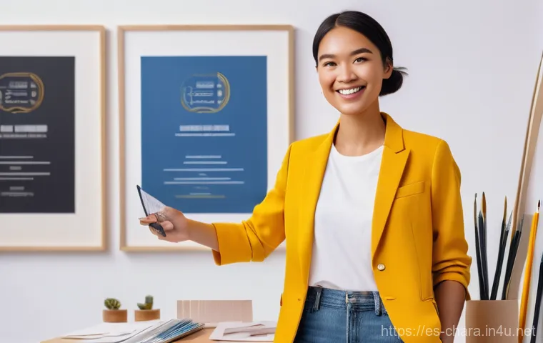 캐릭터디자인 자격증 학습 계획 작성법 - **Certification Celebration:** A female character designer, in her late 20s or early 30s, stands con...