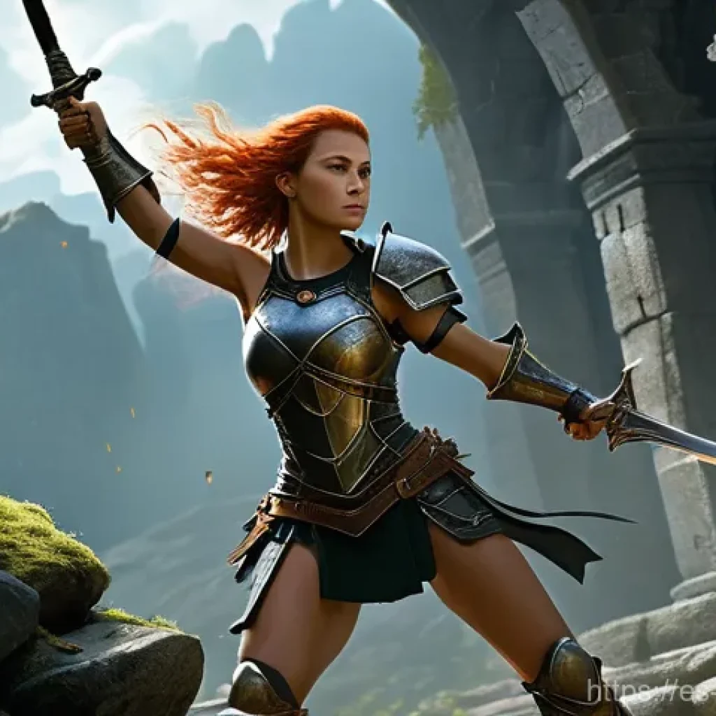 캐릭터디자인 관련 서적 및 추천 강의 - **Prompt:** A highly detailed digital painting of a powerful, agile female warrior, mid-combat in a ...