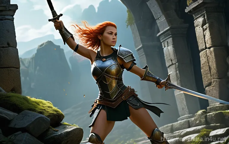 캐릭터디자인 관련 서적 및 추천 강의 - **Prompt:** A highly detailed digital painting of a powerful, agile female warrior, mid-combat in a ...