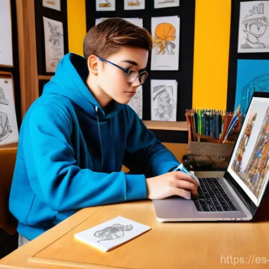 캐릭터디자인 자격증 학습을 위한 무료 강의 - **"A vibrant and inspiring scene featuring a teenage character designer, dressed in a comfortable ho...