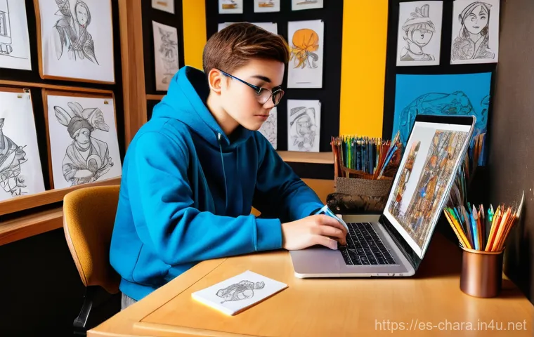 캐릭터디자인 자격증 학습을 위한 무료 강의 - **"A vibrant and inspiring scene featuring a teenage character designer, dressed in a comfortable ho...