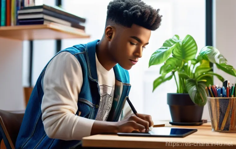 캐릭터디자인 자격증 학습을 위한 무료 강의 - **"A vibrant and inspiring scene featuring a teenage character designer, dressed in a comfortable ho... 캐릭터디자인 자격증 학습을 위한 무료 강의 - **"A vibrant and inspiring scene featuring a teenage character designer, dressed in a comfortable ho...