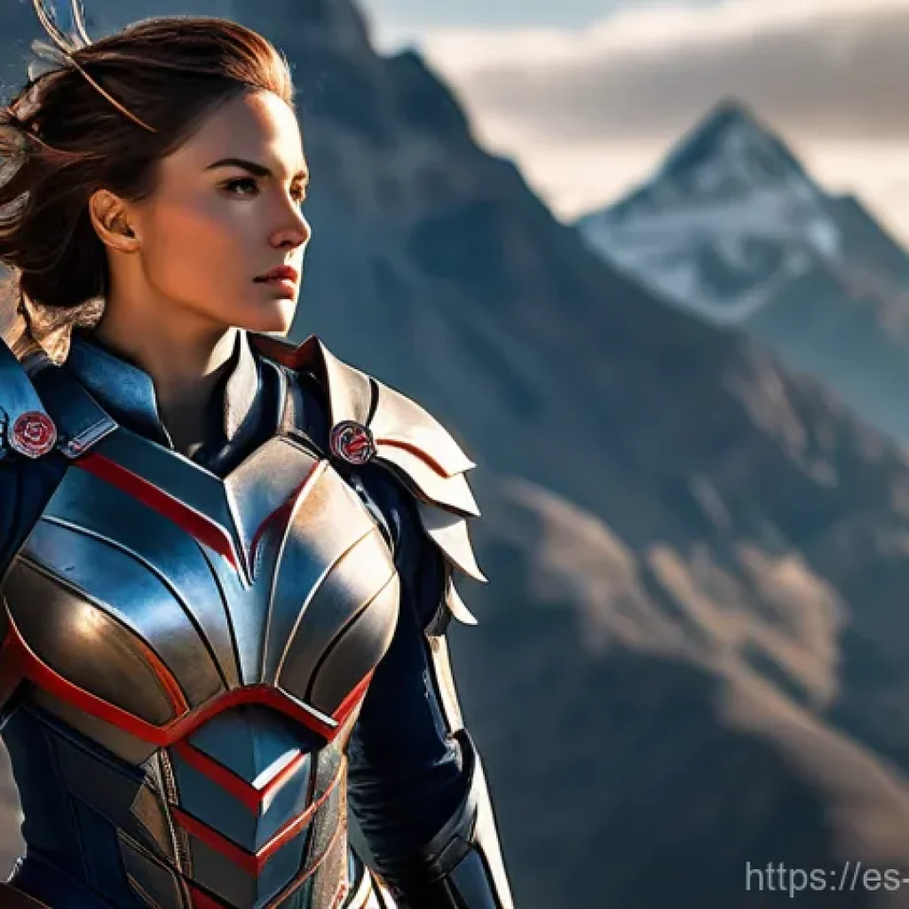 캐릭터디자인 색 조합 연습법 - **A heroic female warrior.** She is depicted in a dynamic, mid-action pose, her body exuding strengt...