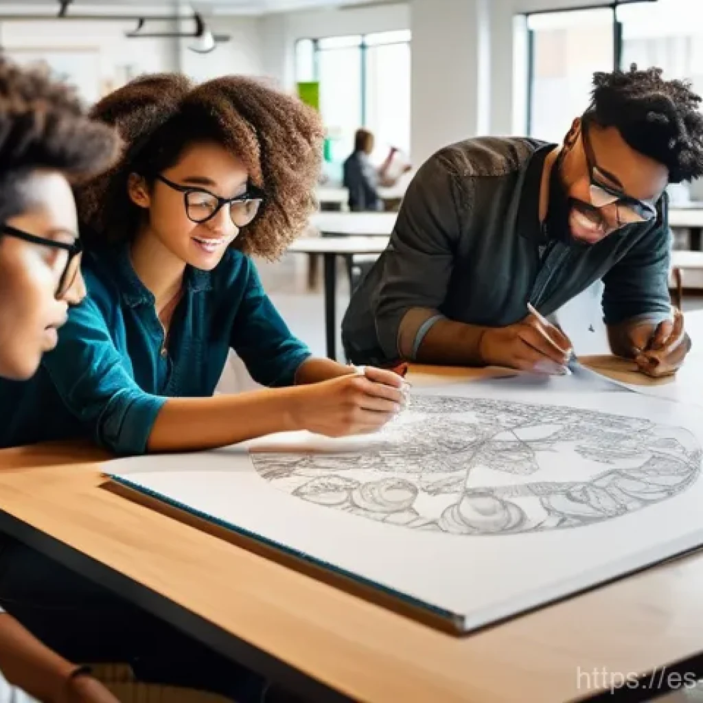캐릭터디자인 협업 환경 구축하기 - **Prompt:** A dynamic, wide-angle shot inside a bustling, brightly lit creative studio. A diverse te...
