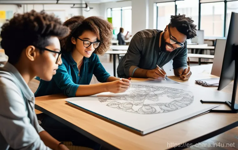 캐릭터디자인 협업 환경 구축하기 - **Prompt:** A dynamic, wide-angle shot inside a bustling, brightly lit creative studio. A diverse te...