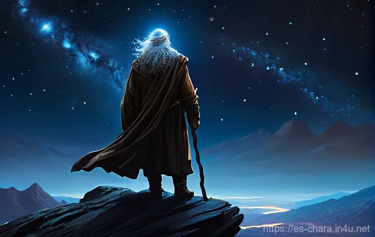 캐릭터디자인 실기 시험 채점 방식의 이해 - **Prompt 1: The Melancholy Star Seeker**
    "A lone, elderly 'Star Seeker' standing on a rugged, wi...