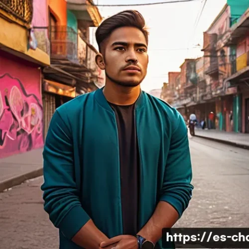 Home 29 캐릭터디자인과 스토리텔링 기법 - A complex hero standing in a bustling, diverse urban street in Mexico City, wearing slightly worn bu...