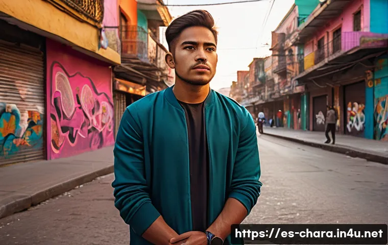 캐릭터디자인과 스토리텔링 기법 - A complex hero standing in a bustling, diverse urban street in Mexico City, wearing slightly worn bu...