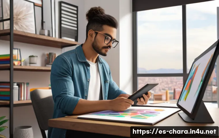 캐릭터디자인으로 창업하기 - A professional character designer workspace scene featuring a young Hispanic digital artist in casua...