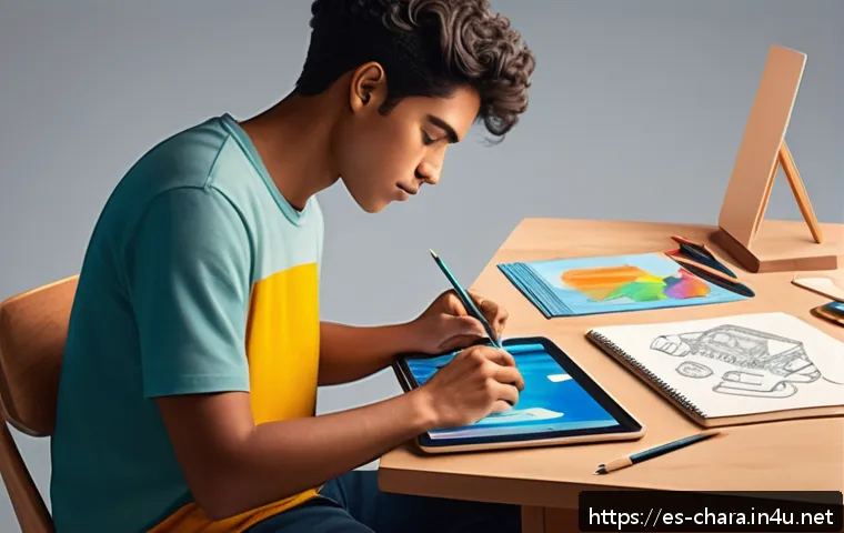 캐릭터디자인 관련 최신 동향 및 연구 사례 - A detailed character design scene showing an artist&rsquo;s workspace blending traditional and digital art...