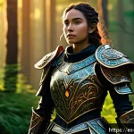 캐릭터디자인과 게임 UI의 상호작용 - A deeply emotional fantasy RPG character standing in a lush, vibrant forest clearing at sunset, wear...