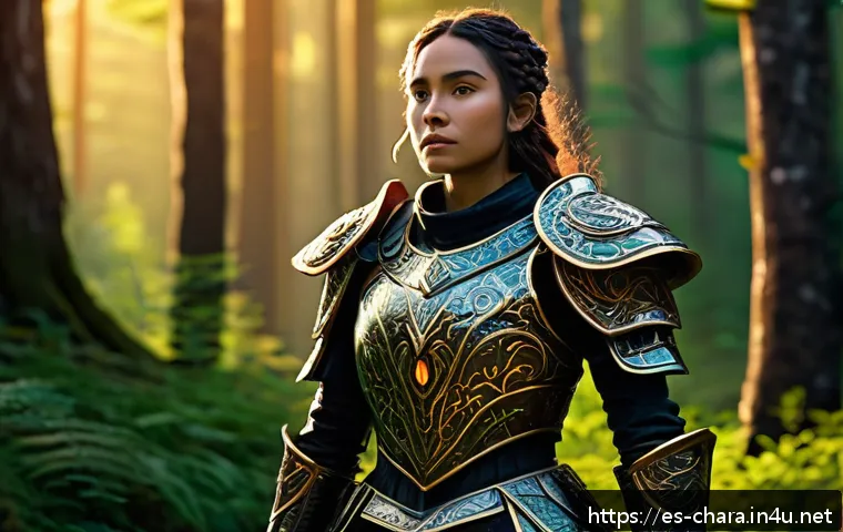 캐릭터디자인과 게임 UI의 상호작용 - A deeply emotional fantasy RPG character standing in a lush, vibrant forest clearing at sunset, wear...