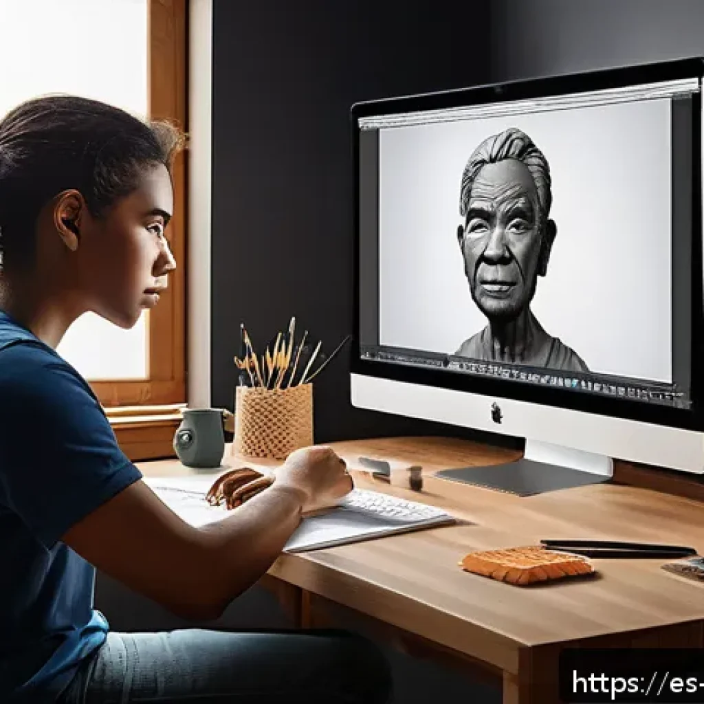 캐릭터디자인 학습에 필요한 소프트웨어 - A highly detailed digital artist&rsquo;s workspace featuring a cutting-edge 3D sculpting software interfac...