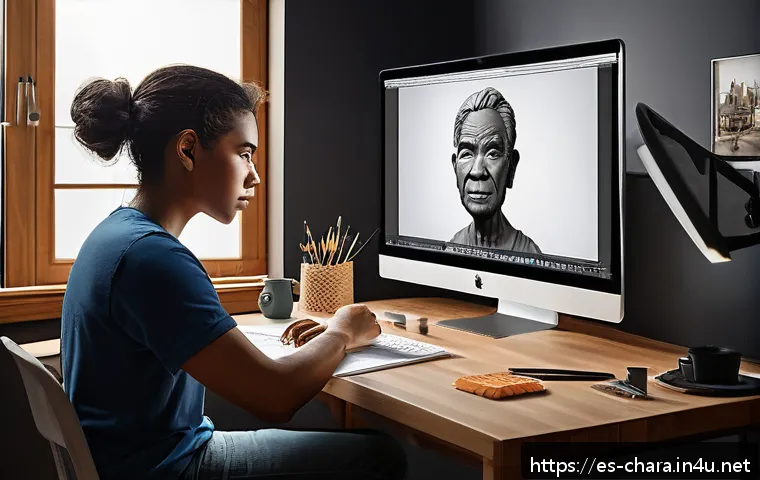 캐릭터디자인 학습에 필요한 소프트웨어 - A highly detailed digital artist’s workspace featuring a cutting-edge 3D sculpting software interfac...