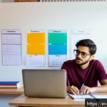 캐릭터디자인 자격증 필기 시험 준비 방법 - A focused young adult student sitting at a modern desk in a cozy room with natural sunlight, studyin...
