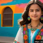 캐릭터디자인과 애니메이션의 접점 - A young Hispanic female character standing confidently in a vibrant urban Mexican street scene, wear...