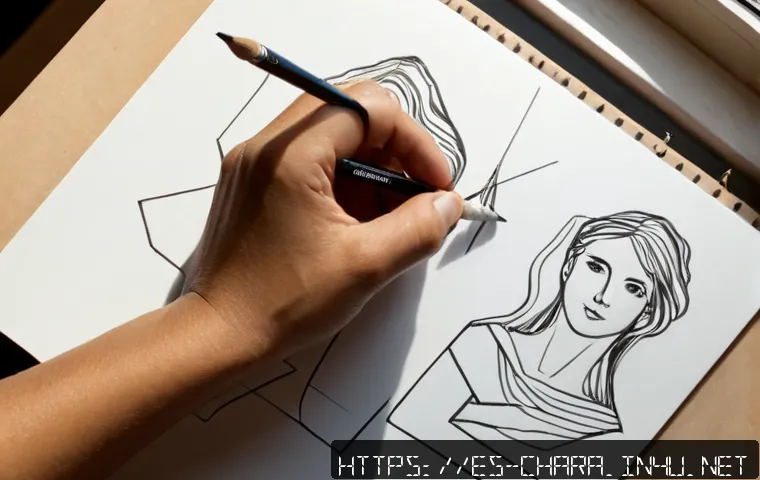 캐릭터디자인에서 선과 형태 연습법 - Photorealistic overhead view of a Spanish-speaking character artist’s workspace, hands practicing cl...